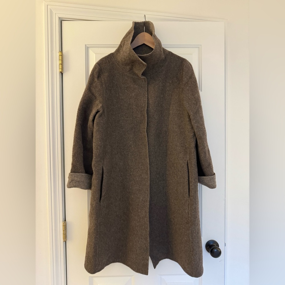 Eileen Fisher Small Alpaca / Wool Coat Jacket Brown Funnel Neck